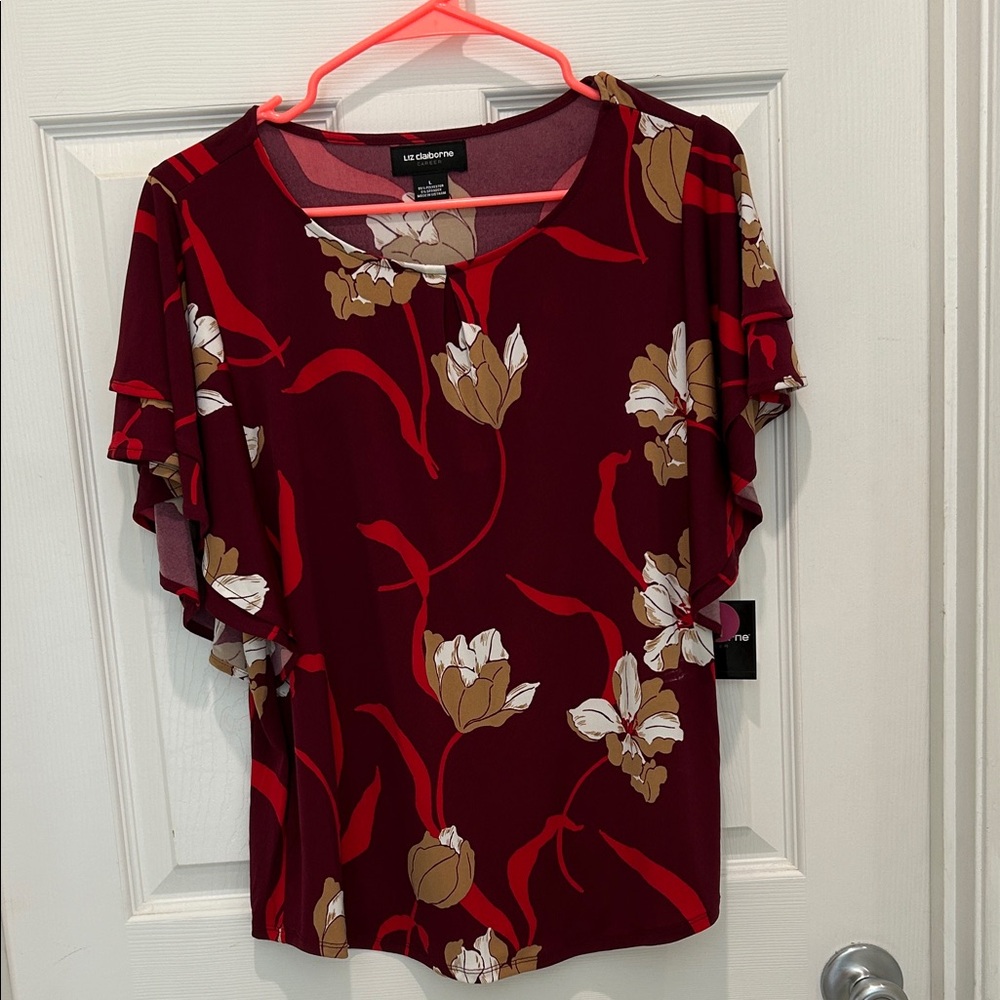 Liz Claiborne Burgundy Floral Short Sleeve Blouse